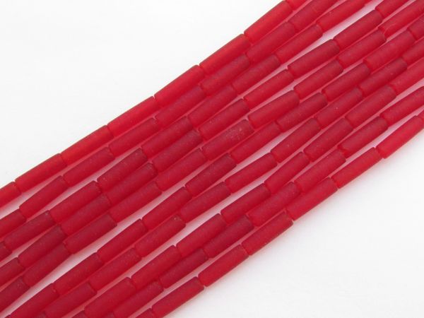 Cultured Sea Glass BEADS 9x4mm tube CHERRY RED frosted bead supply for making jewelry