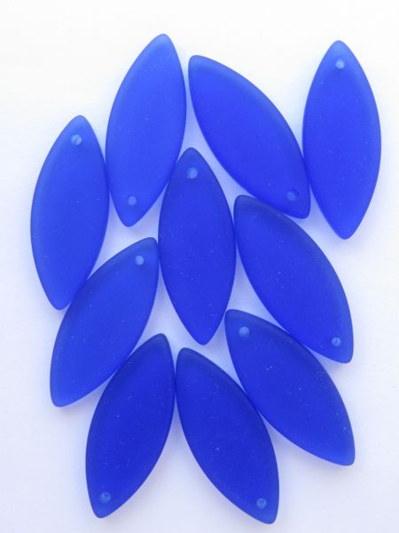 8 pc Cultured Sea Glass PENDANTS Marquise 33x13mm ROYAL Cobalt BLUE frosted Top Drilled bead supply for making jewelry