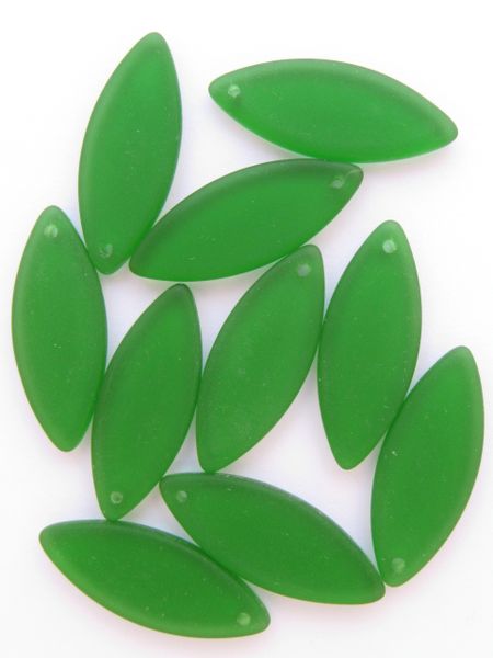 8 pc Cultured Sea Glass PENDANTS Marquise 33x13mm Shamrock GREEN frosted Top Drilled bead supply for making jewelry