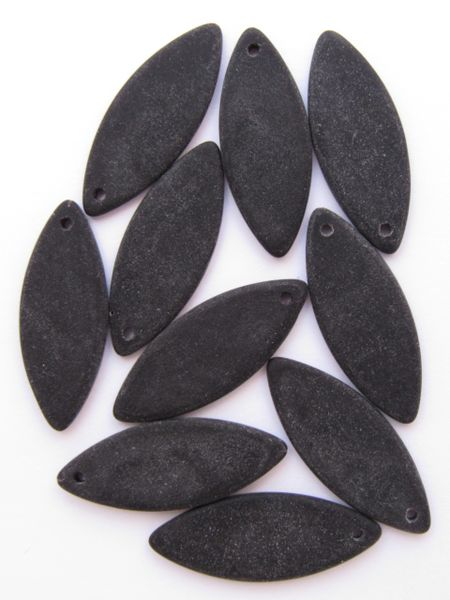 8 pc Cultured Sea Glass PENDANTS Marquise 33x13mm OPAQUE BLACK frosted Top Drilled bead supply for making jewelry