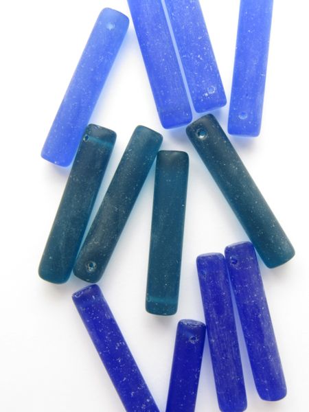 12 pc Cultured Sea Glass PENDANTS Elongated 38x8mm BLUES frosted Drilled Cylinder bead supply for making jewelry