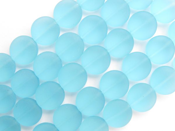 Cultured Sea glass BEADS 12mm Coin Turquoise Bay AQUA BLUE frosted length drilled bead supply for making jewelry