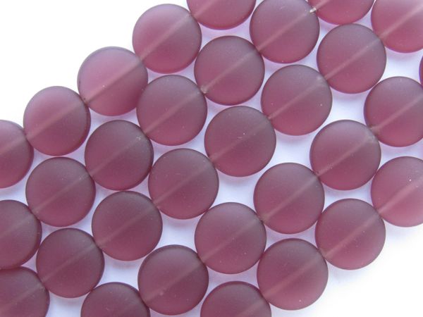 Cultured Sea glass BEADS 12mm Coin Medium Amethyst frosted matte finish bead supply for making jewelry