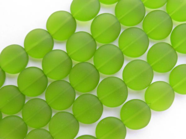 12mm Coin GLASS BEADS OLIVE Green frosted matte finish bead supply for making jewelry