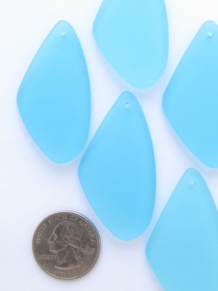 Cultured Sea Glass PENDANTS 53x22mm Triangle light AQUA Blue Drilled frosted bead supply for making jewelry