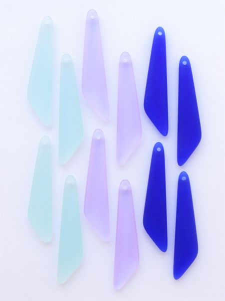 Cultured Sea Glass PENDANTS 40x9mm Elongated Fancy Triangle Purple Light Aqua Royal Blue Top Drilled bead supply for making jewelry