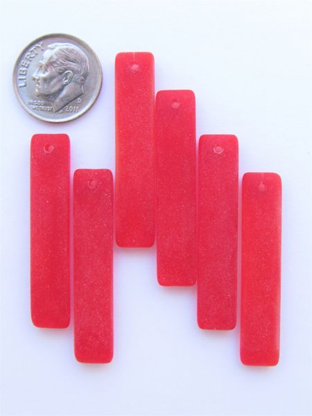 Frosted Glass Rectangle PENDANTS 38x8mm CHERRY RED Elongated bead supplies for making jewelry Cultured Sea Glass for making jewelry