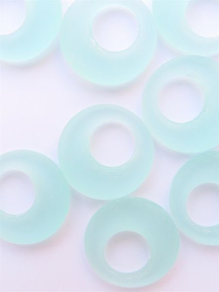 Cultured Sea Glass RING PENDANTS 28mm Light AQUA blue RINGS frosted matte finish bead supply for making jewelry