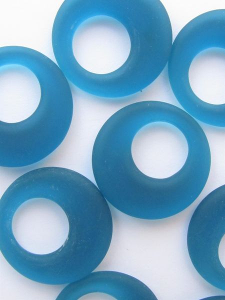 bead supply for making jewelry TEAL Blue Frosted Glass RING PENDANTS 28mm RINGS cultured sea glass