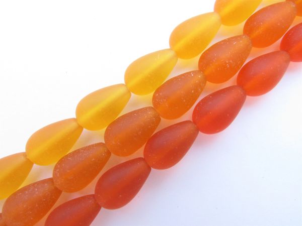 frosted GLASS BEADS 16x10mm length drilled teardrop Assorted Orange Yellow 12 pc strands for making jewelry