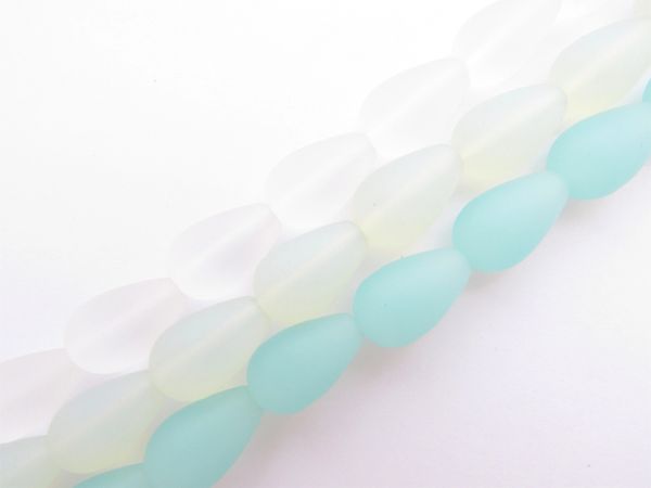 frosted GLASS BEADS 16x10mm teardrop LIGHT SEAFOAM 12 pc strands for making jewelry