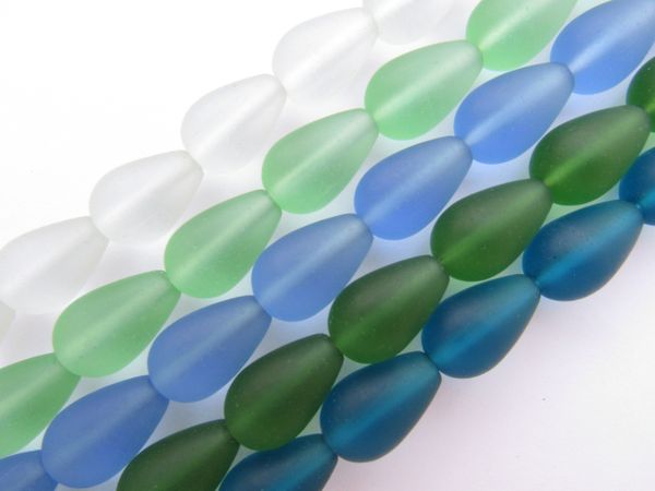 Cultured Sea Glass BEADS 16x10mm BLUE GREEN 5 strands 12 pc ea assorted for making jewelry