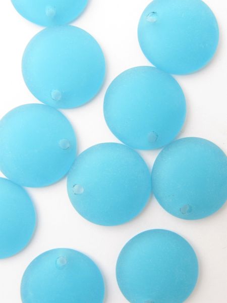 bead supplies GLASS 25mm PENDANTS Concave Coin Pacific AQUA BLUE frosted matte finish top drilled for making jewelry