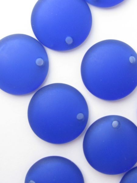 Cultured Sea Glass PENDANTS 25mm Concave Coin ROYAL Cobalt BLUE frosted top drilled for making jewelry