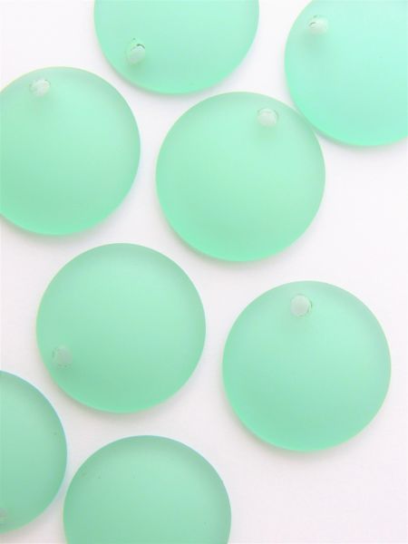 Seafoam GREEN Glass PENDANTS 25mm Concave Coin frosted top drilled bead supply for making jewelry