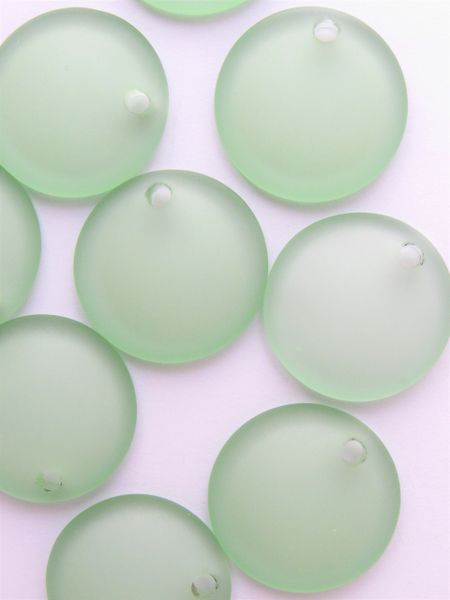Cultured Sea Glass PENDANTS 25mm Concave Coin Light GREEN frosted top drilled bead supply for making jewelry