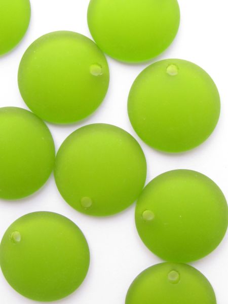 Cultured Sea Glass PENDANTS 25mm Concave Coin OLIVE GREEN frosted top drilled bead supply for making jewelry