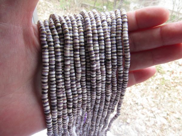 Wampum BEADS Natural Purple Shell 4mm Heishe 16" Strand Genuine Quahog USA Rare jewelry supply