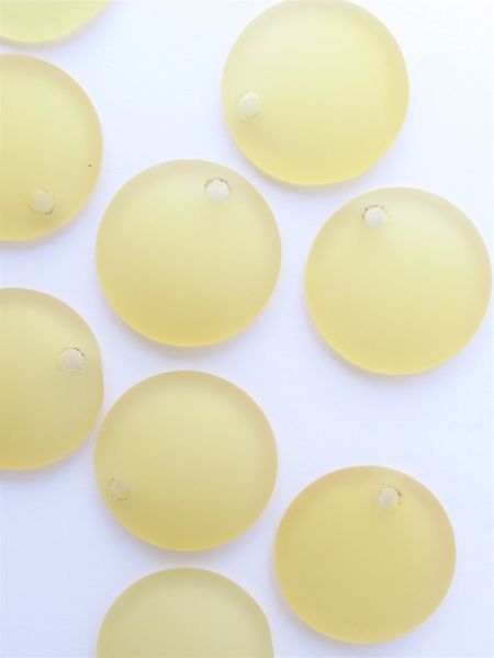 Cultured Sea Glass PENDANTS 25mm Concave Coin Lemon YELLOW frosted top drilled for making jewelry