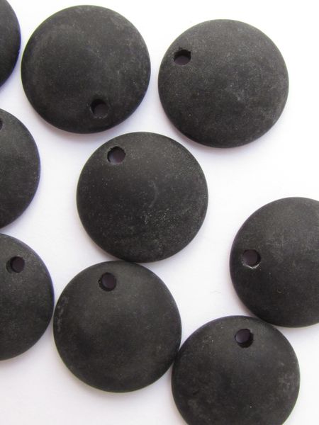 Cultured Sea Glass PENDANTS 25mm Concave Coin OPAQUE BLACK frosted top drilled for making jewelry