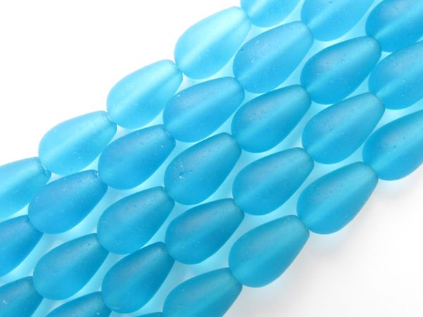 Cultured Sea Glass BEADS 16x10mm TEARDROP PACIFIC BLUE frosted bead supply for making jewelry