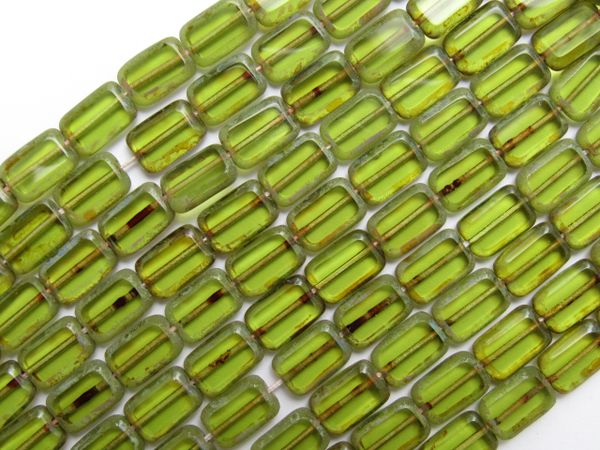 bead supply CZECH BEADS Glass Table Cuts 12mm Rectangle Olivine Picasso Olive Green Window bead supply for making jewelry