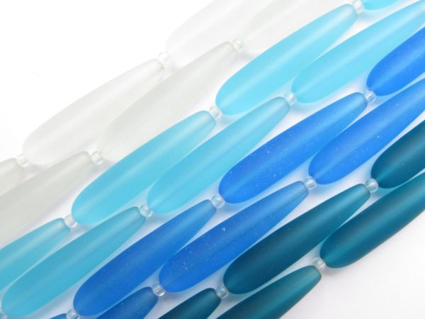 Cultured Sea Glass BEADS Lighter BLUE 38x9mm teardrop frosted bead supply for making jewelry