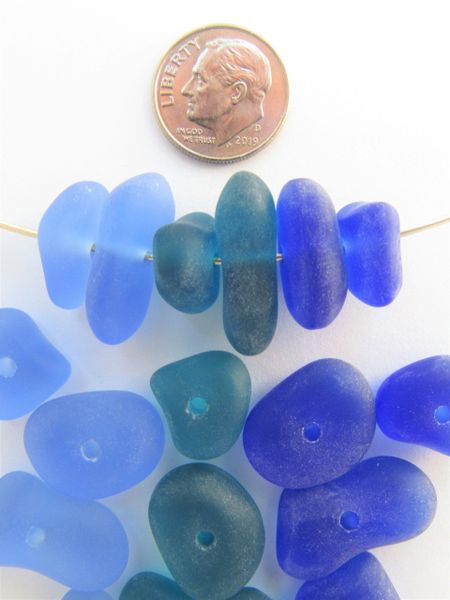 Cultured Sea Glass BEADS 22-14 x 14-11mm STACKING Nugget DARK BLUE Center Drilled free form bead supply for making jewelry