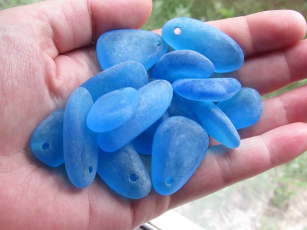 Cultured Sea Glass PENDANTS Large Pebbles Pacific AQUA BLUE Top Drilled Free form frosted large hole bead supply for making jewelry