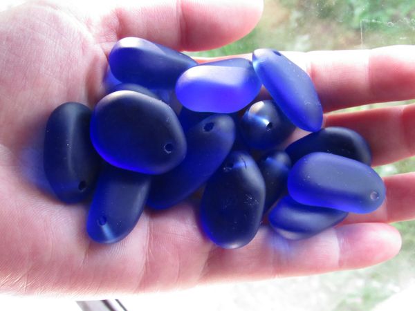 Cultured Sea Glass PEBBLE PENDANTS Royal Cobalt BLUE Top Drilled Free form frosted large hole bead supply for making jewelry