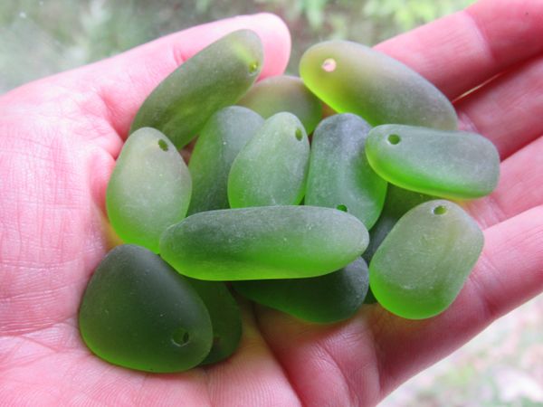 Cultured Sea Glass PEBBLE PENDANTS OLIVE GREEN Top Drilled Free form frosted large hole bead supply for making jewelry