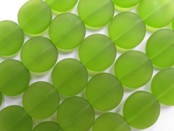 Cultured Sea Glass Beads 15mm Coin OLIVE Green frosted matte finish bead supply for making jewelry