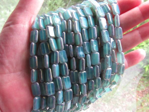 CZECH Glass BEADS Milky Turquoise12x8mm Table Cut tablecuts Window bead Rectangle strand supply for making jewelry