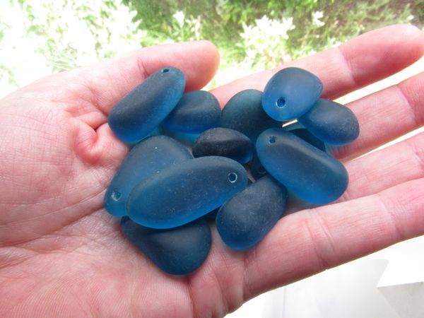 Cultured Sea Glass PEBBLE PENDANTS Teal Marine BLUE Top Drilled Free form frosted large hole bead supply for making jewelry