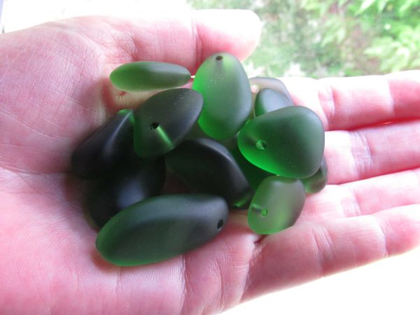 Cultured Sea Glass PEBBLE PENDANTS 22mm to 36mm rounded pebble SHAMROCK GREEN Top Drilled Free form frosted large hole bead supply for making jewelry