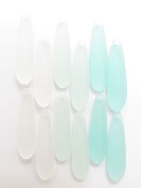 Cultured Sea Glass PENDANTS 38x10mm Elongated TeardropLIGHT SEAFOAM assorted pairs top drilled frosted Great for making earrings