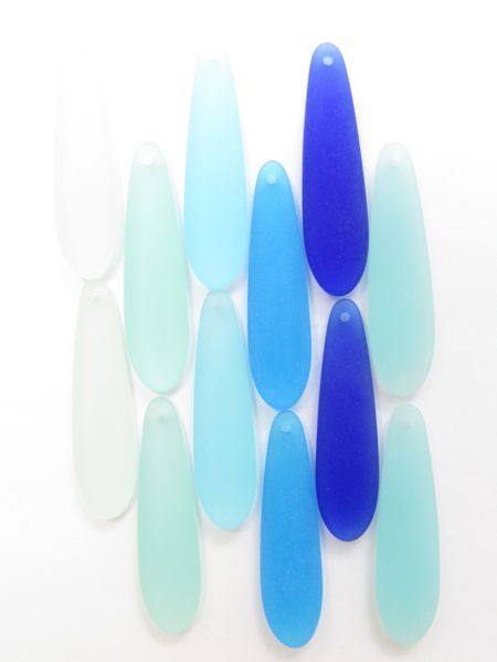 Cultured Sea Glass PENDANTS 38x10mm Elongated Teardrop BLUES top drilled frosted matte finish for making jewelry