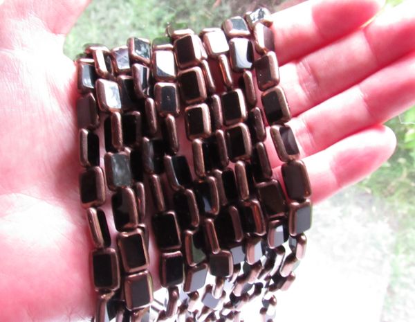 CZECH Glass BEADS tablecuts Table Cut Rectangle 12x8mm Patina JET Black strands for making jewelry