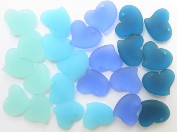 Cultured Sea Glass Heart PENDANTS 18mm hearts assorted BLUE drilled bead supply for making jewelry