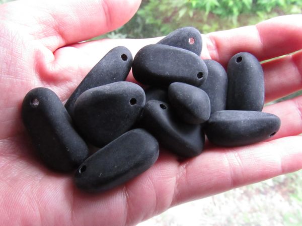 Frosted Glass PEBBLES PENDANTS 22mm to 36mm Opaque BLACK pebble beads for making beach jewelry