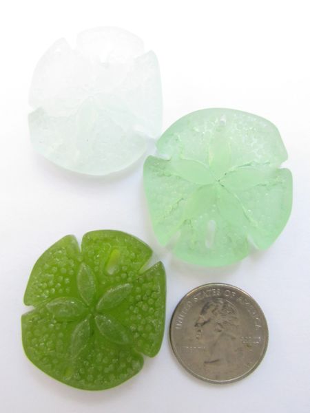 Glass Sand Dollar PENDANTS 40x36mm Large Sand Dollar LIGHT GREEN Cultured Sea Glass 3 pc necklace pendant lot