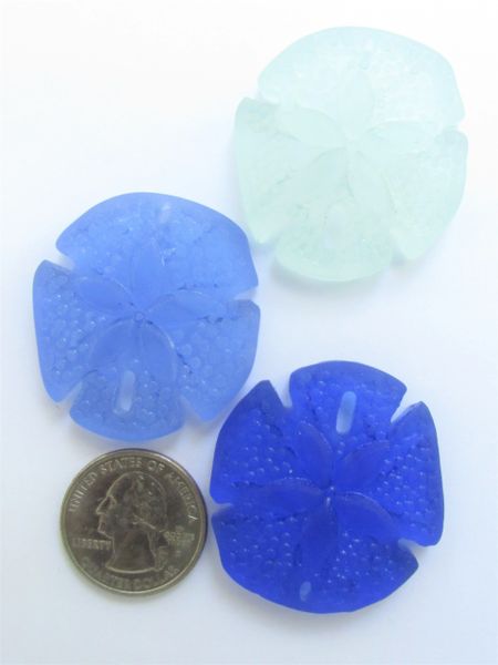 Glass Sand Dollar PENDANTS 40x36mm assorted BLUE Large Sand Dollar 3 pc necklace pendant beach lover jewelry making supplies
