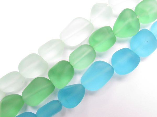 Cultured Sea Glass BEADS 13 - 15mm Nugget assorted Light BLUE GREEN frosted free form bead supply for making jewelry
