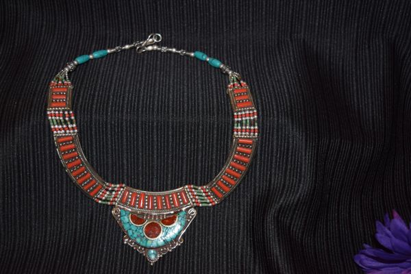 Tibetan Silver Necklace Handmade - Himalayan Turquoise/Coral