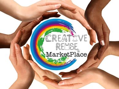 Hands holding the Creative Reuse Marketplace logo.