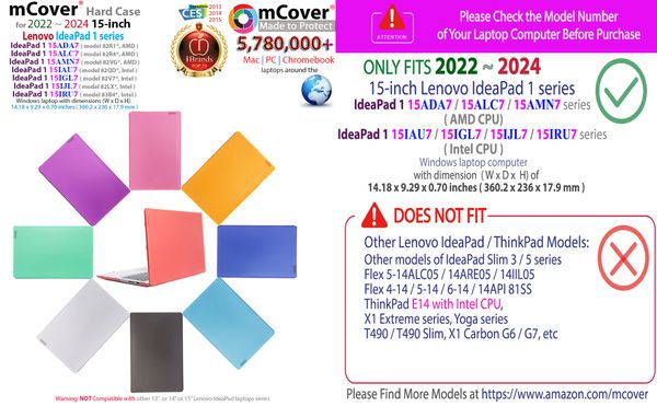 mCover Case Compatible ONLY for 2022-2024 15" Lenovo IdeaPad 1 Series (15ADA7 / 15AMN7 / 15ALC7 / 15IAU7 / 15IGL7 / 15IJL7 / 15IRU7) Windows Laptops (NOT Fitting Any Other Models)