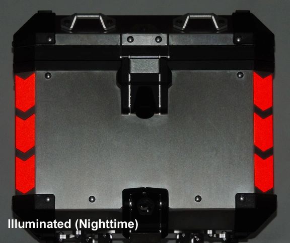 RK-45R BMW Motorcycle Reflective Kit: -- -- Chevrons. Fits the topcase/trunk of the 2005 - 2013 R12GS Adventure and the liquid-cooled R1200GSW and R1250GSW. 3M Reflective material appears RED both day and night!