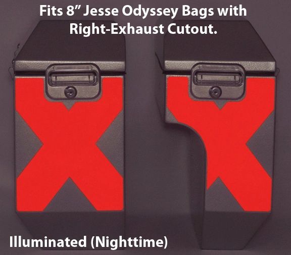 RK-528-RX8: Reflective "X-Pattern" in your choice of Red or Silver Reflective. Fits Jesse 8" Odyssey Saddlebags with Right-Bag Exhaust Cutout.