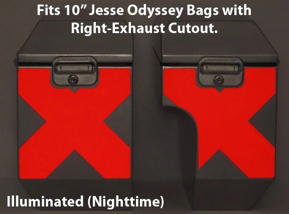 RK-529-RX10: Reflective "X-Pattern" in your choice of Red or Silver Reflective. Fits Jesse 10" Odyssey Saddlebags with Right-Bag Exhaust Cutout.