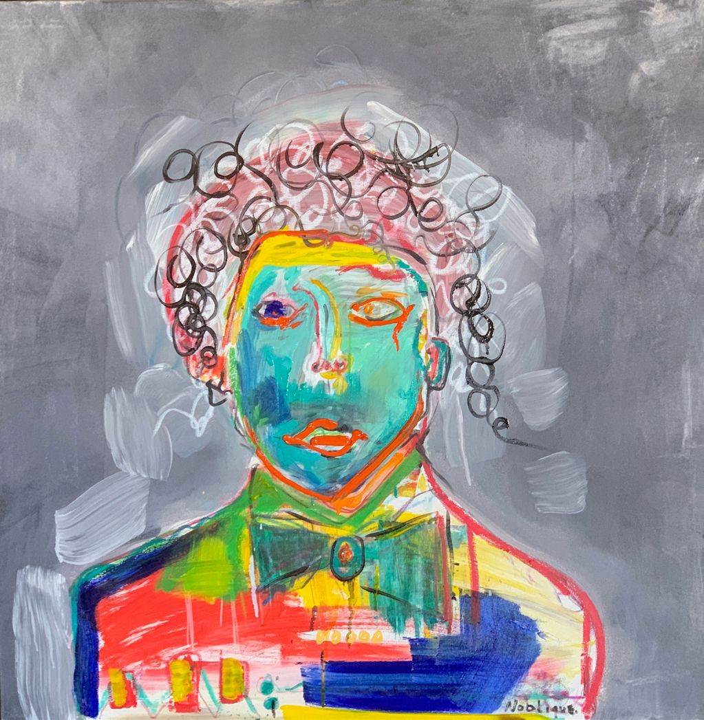 Abstract portrait with vibrant colors and curly hair on a gray background.